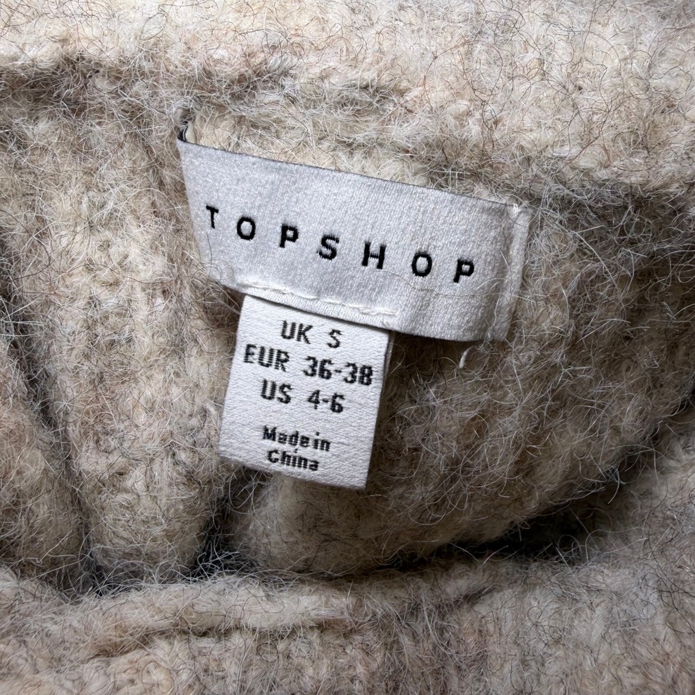 Topshop Sweater Vest Women S Taupe Mock Neck Wool Blend Ribbed‎ Knit Pointelle - Picture 3 of 4
